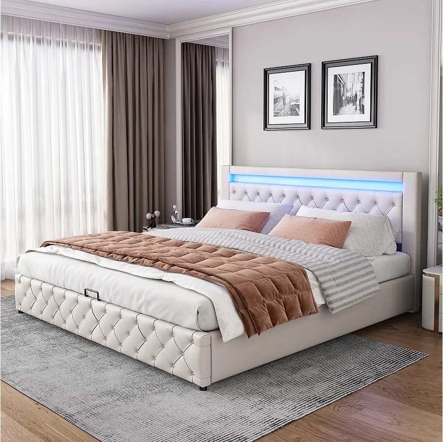 Łóżko ze schowkiem 180 x 200 cm - biały PU - z regulowanym oświetleniem LED - stelaż z listew - bez materaca