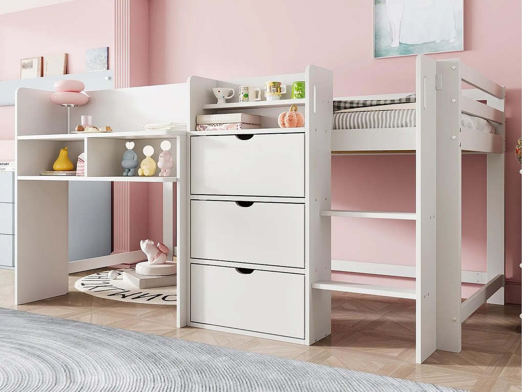 Łóżko piętrowe dla dzieci 90×200 cm - z miejscem do przechowywania - z małą drabinką - białe (materac nie jest zawarty)