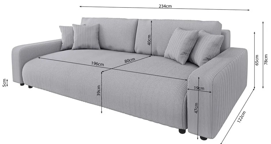 Jasnoszara sztruksowa rozkładana sofa ze schowkiem 234 cm Sara – Ropez