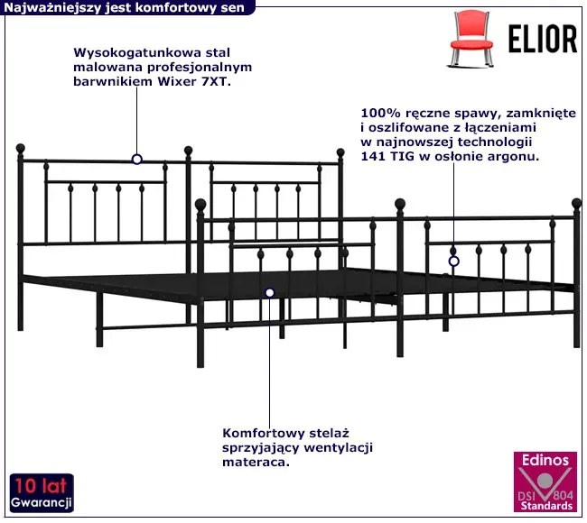 Czarne metalowe łóżko małżeńskie 200x200cm - Velonis