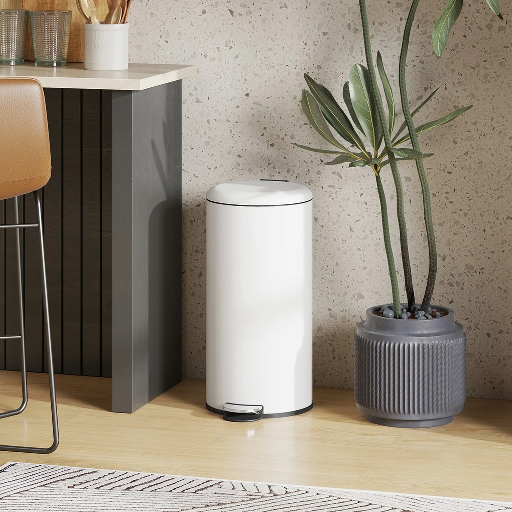 HOMCOM Kosz na Śmieci 30L, z Pedałem, Blokowalna Pokrywka, Odporny na Plamy, Kremowy