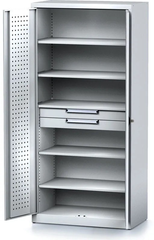 Szafka warsztatowa z półką 2-drzwiowa MECHANIC, 5 półek, 2 szuflady, 920 x 500 x 1950 mm, drzwi szare