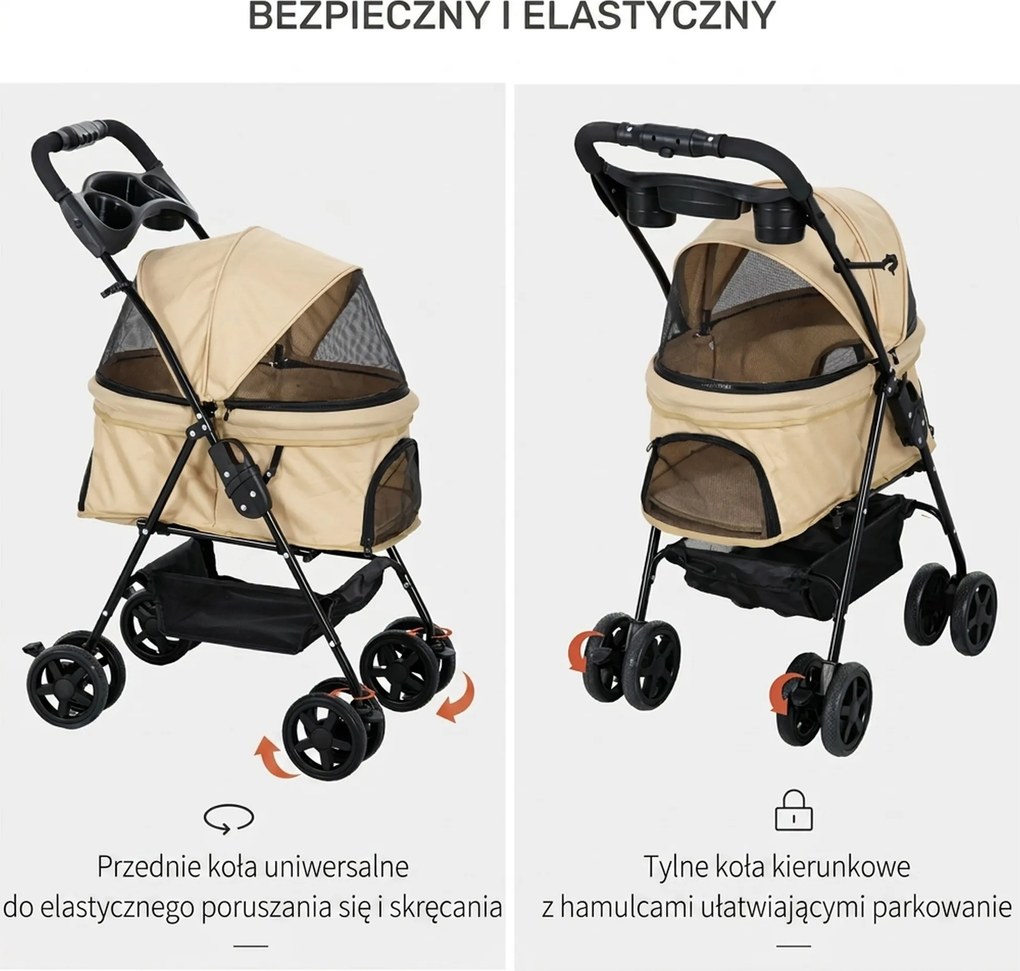 Outsunny Wózek dla psa składany z 2 pasami bezpieczeństwa do 20 kg khaki | Aosom PL