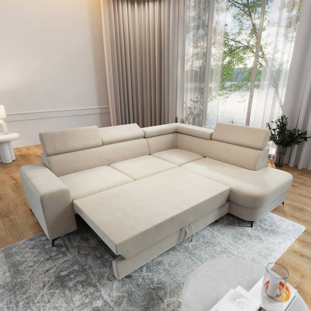 Masseno Narożnik ALVORO z funkcją spania i pojemnikiem na pościel Narozniki L, Rozkładana sofa - Kremowy, MATT VELVET 06
