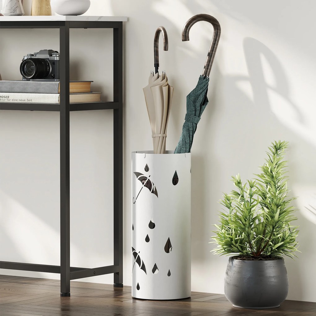 HOMCOM Stojak na parasole, stal, kształt kolumny, wyjmowana taca, Ø17 x 41H cm, Biały | Aosom PL