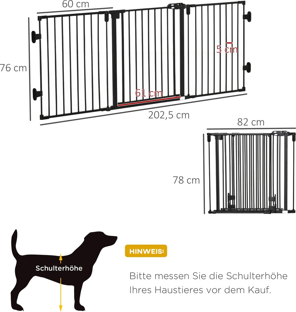 PawHut PapWHut brama bezpieczna dla psa z drzwiami składanymi, czarna, 202,5 cm