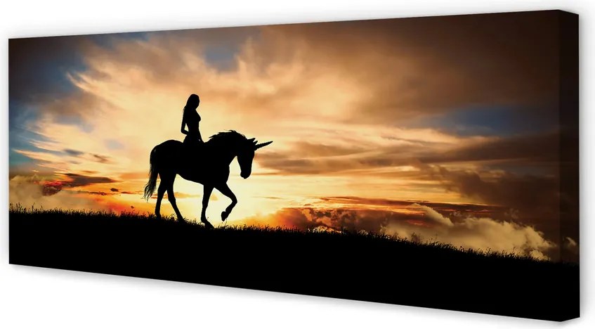 Obraz na płótnie Kobieta na Jednorożcu o Zachodzie Słońca