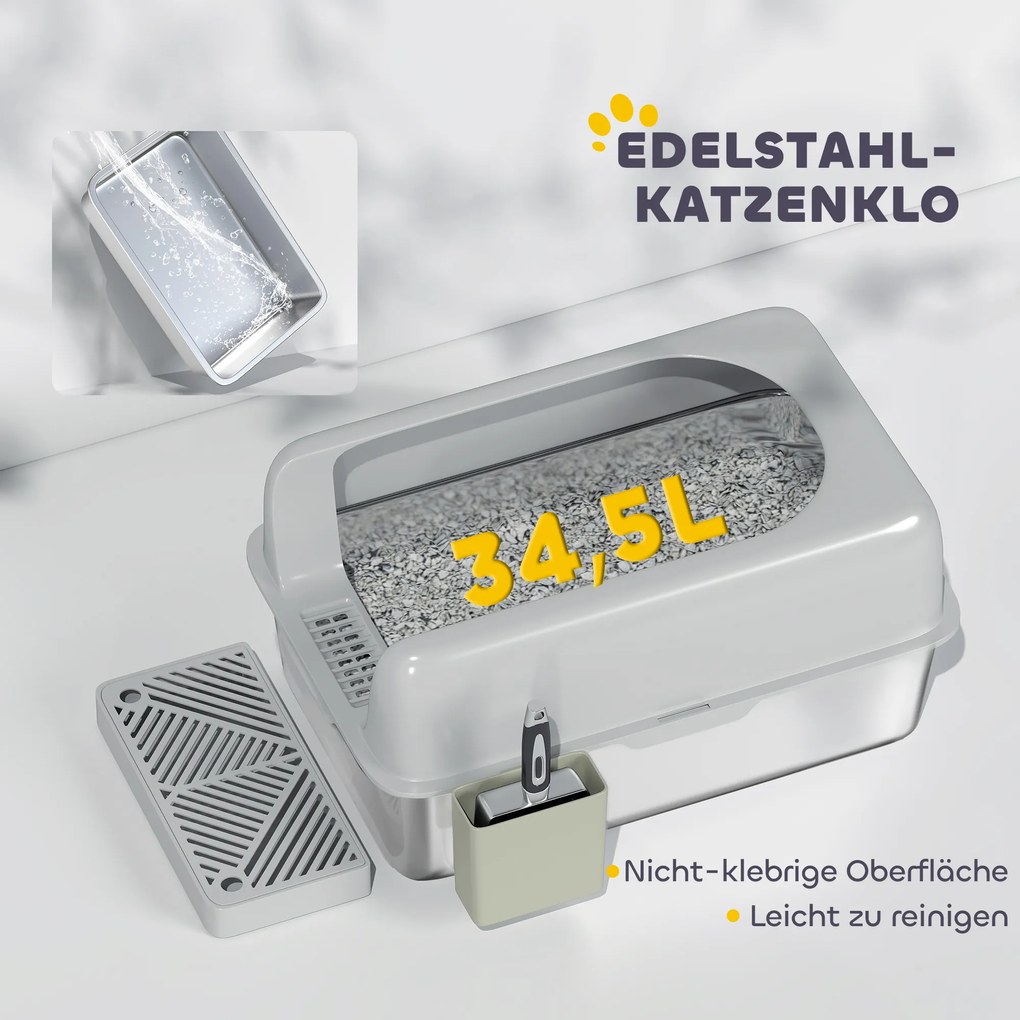 PawHut Kuweta dla kota, ze stali nierdzewnej, z wysokimi bokami i pojemnikiem, Jasnoszary