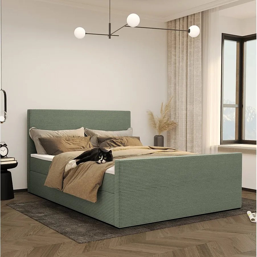 Łóżko kontynentalne z pojemnikiem i topperem VIESTA, tkanina Poso, Jasnozielony, 120x200 cm, H3-Bonell