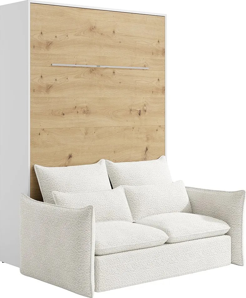 Łóżko chowane w szafie 160 x 200 cm - Ręczne otwieranie pionowe - Z diodami LED - Biały i naturalny + Kanapa - RAPILI