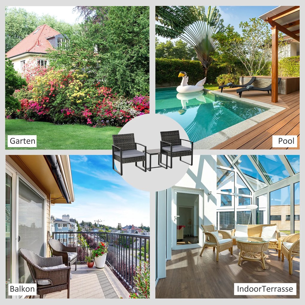 Outsunny Komplet stolik z krzesłami z technorattanu, 3-częściowy Komplet wypoczynkowy 63 cm x 57 cm x 76 cm