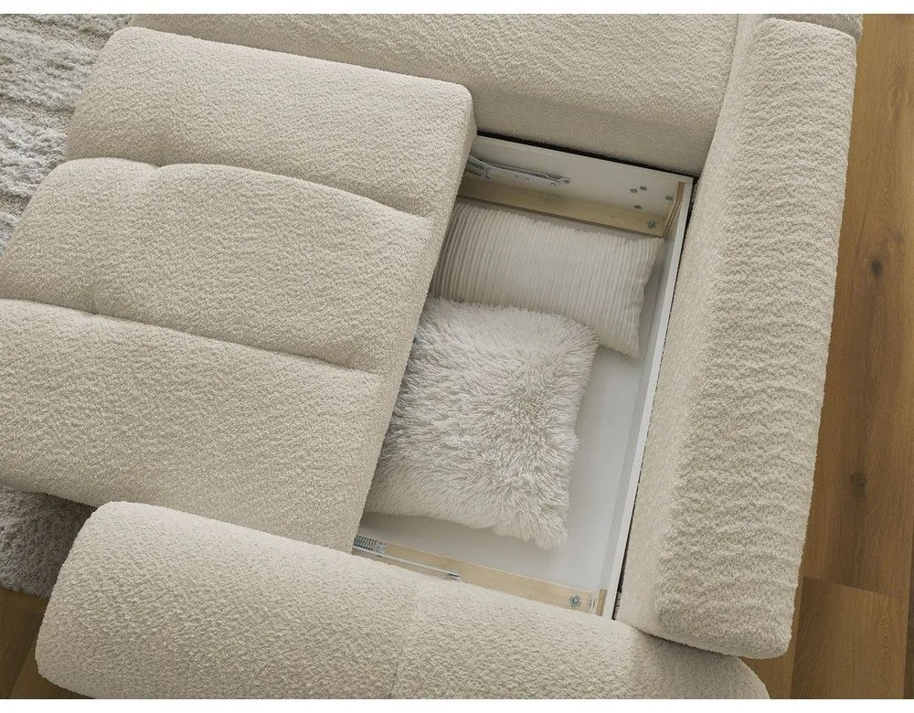 Beżowy rozkładany narożnik z materiału bouclé ze schowkiem (lewostronny/z szezlongiem) Roxelane – Bobochic Paris