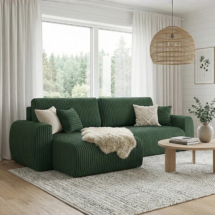 Stylowy narożnik rozkładany lewostronny  ARIEL L 250x142x87 cm w tkaninie Velo 79 butelkowa zieleń