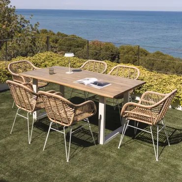 Zestaw Stołu Prostokątnego 180x90 Cm Z Drewna Akacjowego I Stali Maupi Oraz 6 Krzeseł Ogrodowych Z Rattanu Syntetycznego Zole Gardenia - Sklum