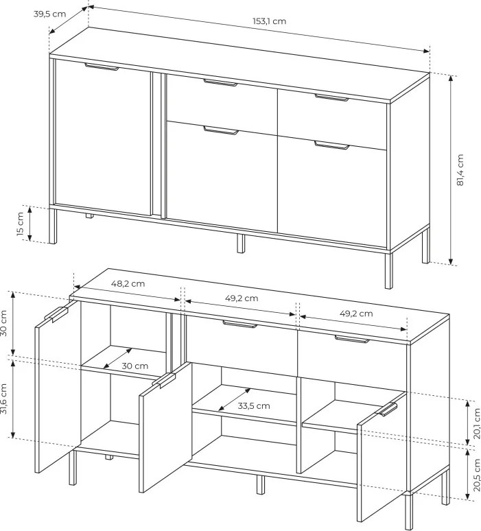 MARS komoda 153 cm 3 drzwi 2 szuflady antracyt ze złotymi elementami – nowoczesna komoda do salonu