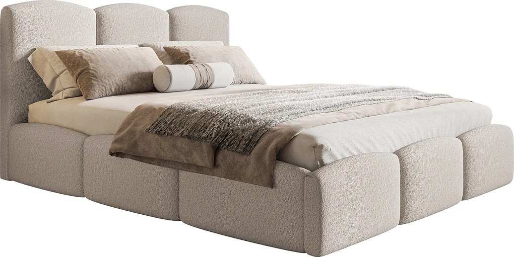 Łóżko dwuosobowe 160x200 Roma Slim z grubej pianki - łóżko z pojemnikiem i stelażem - tkanina boucle beżowy (Anthology 3)