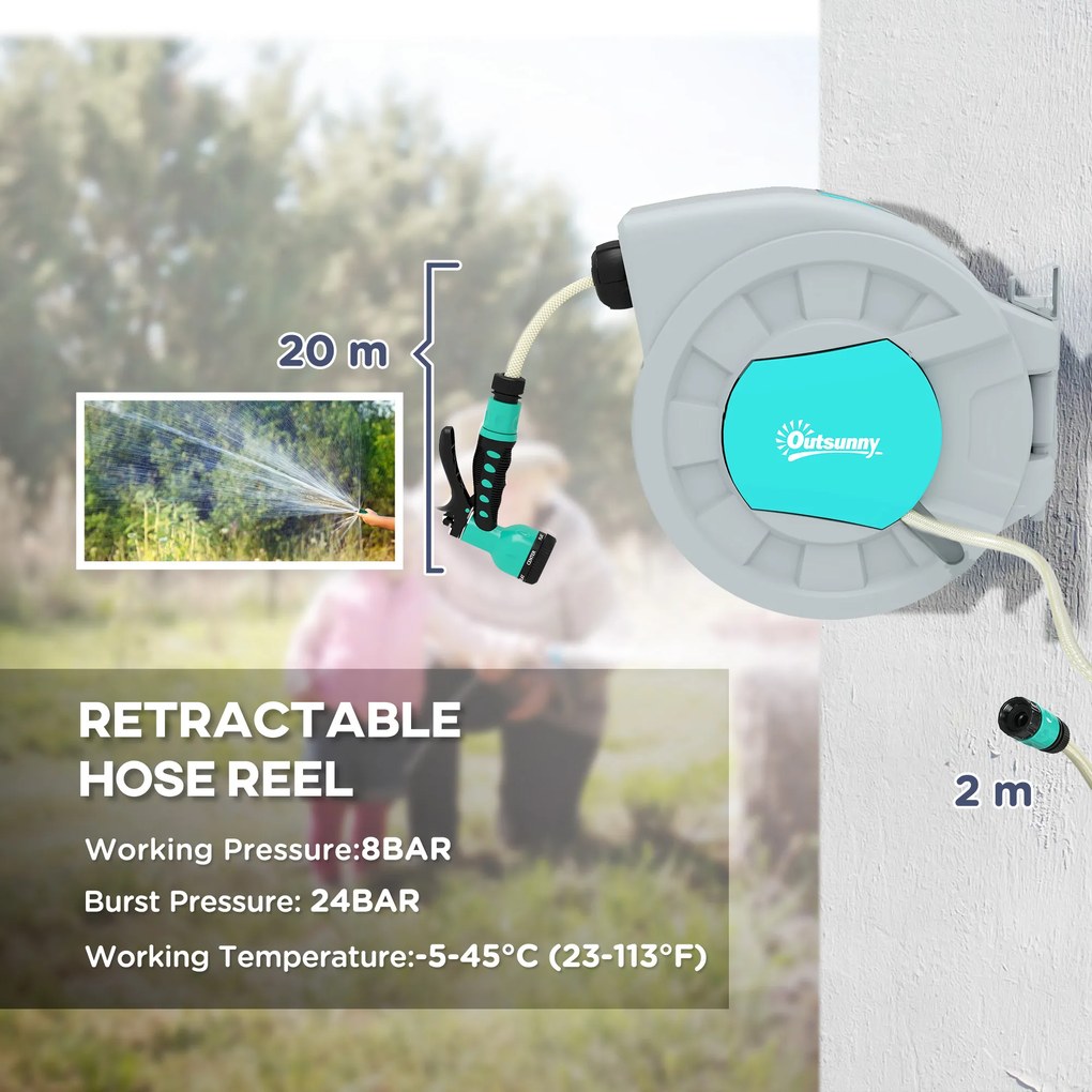 Outsunny Wieszak na wąż ogrodowy, 20+2 metry wąż ogrodowy w trwałej obudowie, Mocowanie na ścianę, 7 wzorów natrysku, Obrotowy o 180°, Szary