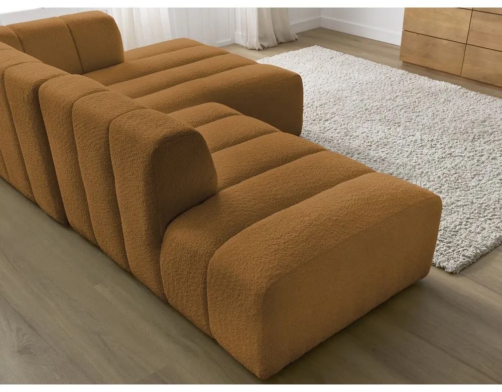 Musztardowy narożnik z materiału bouclé (prawostronny/z szezlongiem) Annecy – Bobochic Paris