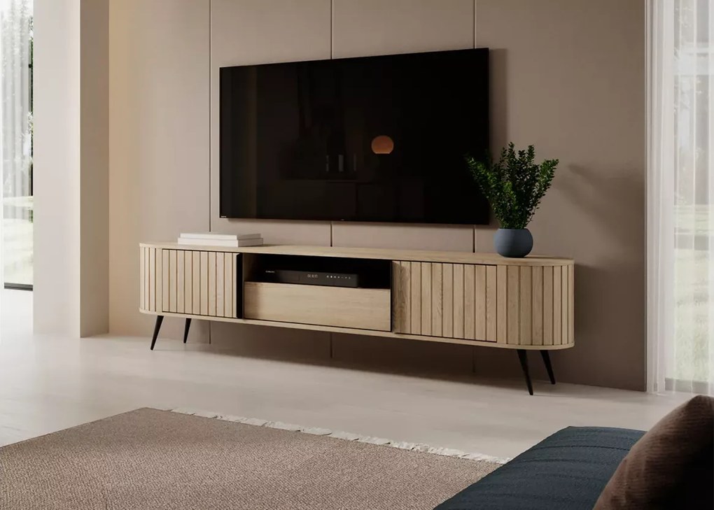 Szafka RTV Bibi Dąb Cremona – elegancka szafka pod telewizor z 2 drzwiami, szufladą i otwartą półką