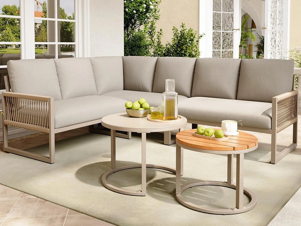 Zestaw mebli ogrodowych dla 6-7 osób, narożna sofa - z galwanizowanej stali, regulowane nogi, 2 stoliki nocne, beżowy