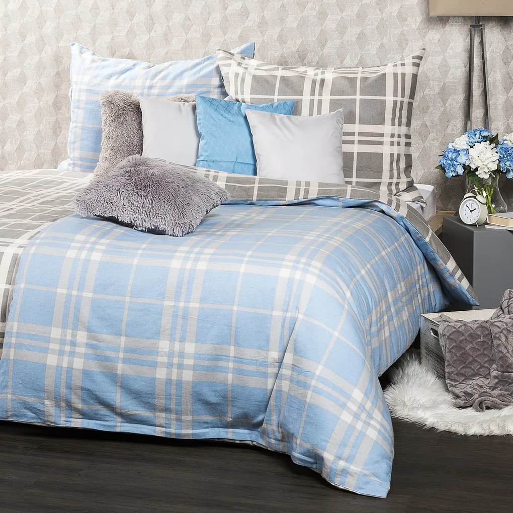 4Home Pościel flanelowa Niebieska kratka, 160 x 200 cm, 70 x 80 cm