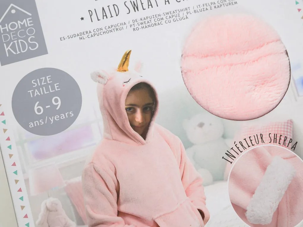 Dziecięcy koc bluza z rękawami i kapturem HOODIE UNICORN różowy