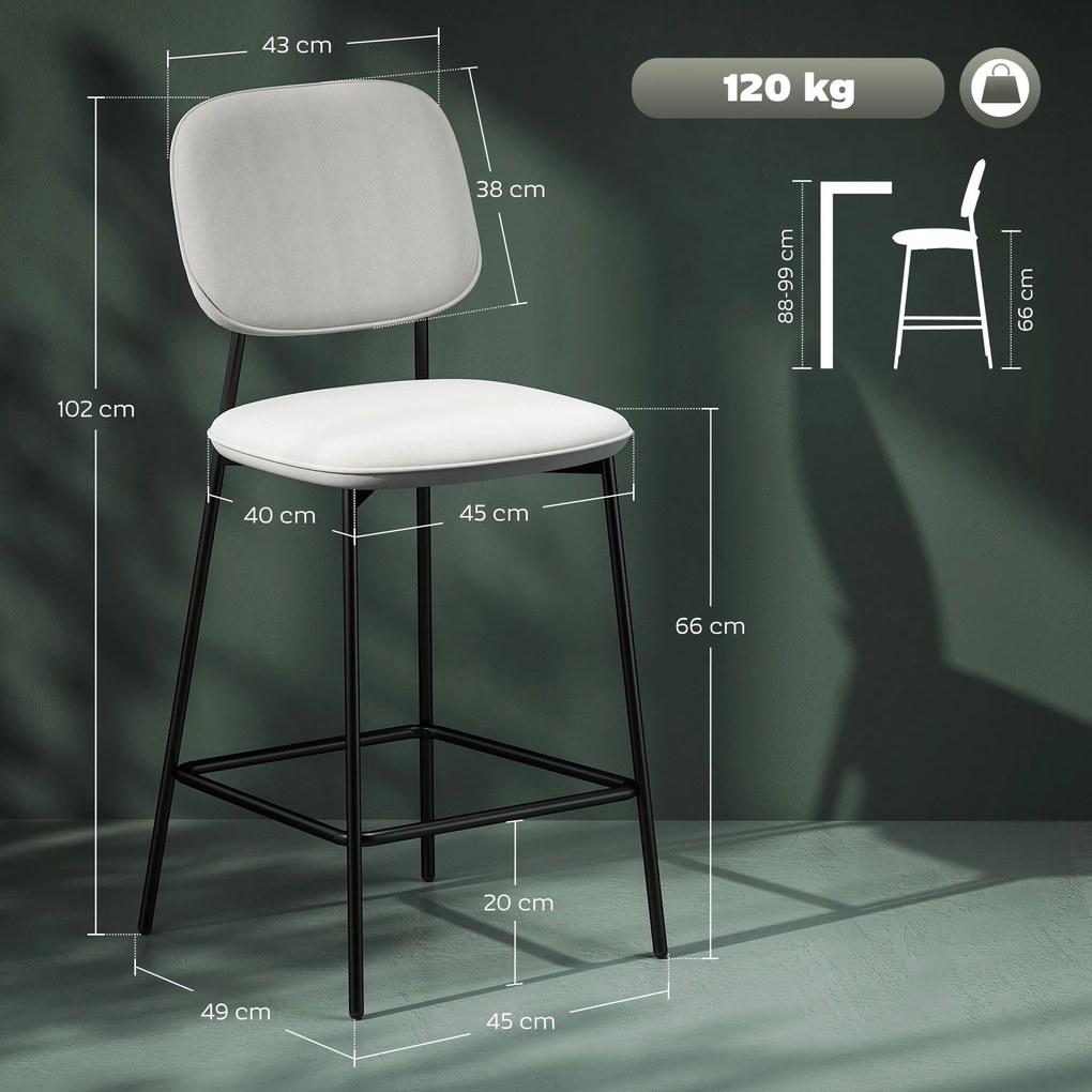 HOMCOM Zestaw 2 hokerów barowych, hoker bistro z podnóżkiem, welurowe obicie, stalowe nogi, do jadalni, 45 x 49 x 102 cm, jasnoszary | Aosom PL