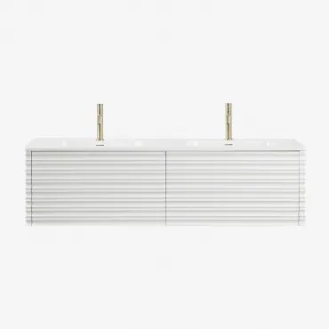 Zestaw Wiszących Mebli Łazienkowych 160x50 Cm Z Drewna Z Wbudowanymi Umywalkami Noura Biała & Bezlusterkowiec & 2 X Dorado Drobno ↑20 Cm Z Przelewowym