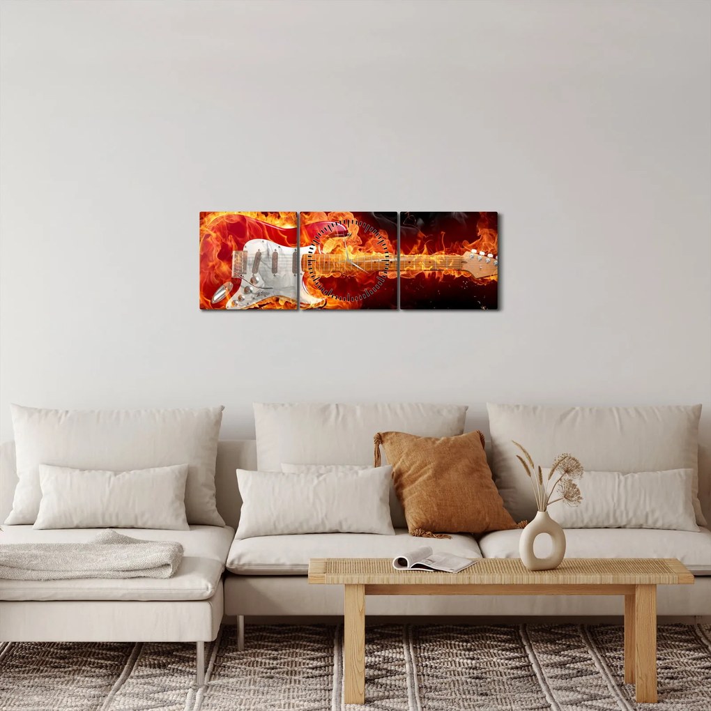 Obraz - Gitara w płomieniach (z zegarem) (90x30 cm)