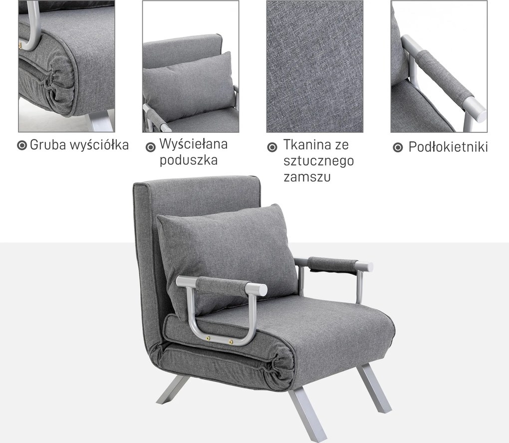 HOMCOM Fotel Rozkładany z funkcją spania Składany fotel sypialny Maksymalny udźwig: 100kg Pięciopozycyjna regulacja oparcia  Jasnoszary | Aosom PL