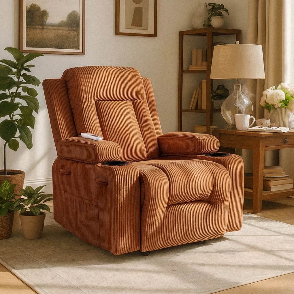 Fotel Masujący BOX Rozkładany Wypoczynkowy z Podnóżkiem Rudy Sztruksowy Nowoczesny