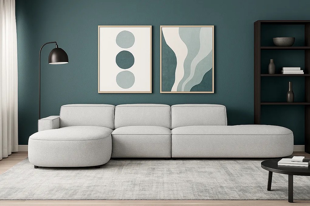 Narożnik modułowy CURSAL F  lewostronny 364×166×70 cm, jasno szary  Raven 6 – zaokrąglone leżanki, wolnostojący