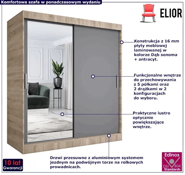 Szafa przesuwna dąb sonoma + antracyt 180 cm - Seko 5X