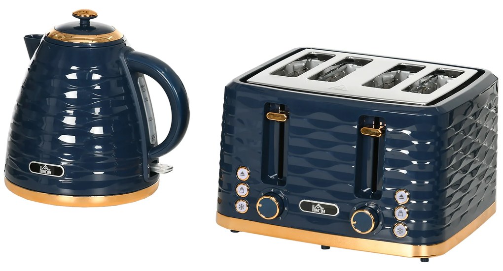 HOMCOM Zestaw czajnika i tostera 2 w 1, 7 poziomów opiekania, funkcje rozmrażania i podgrzewania, Niebieski