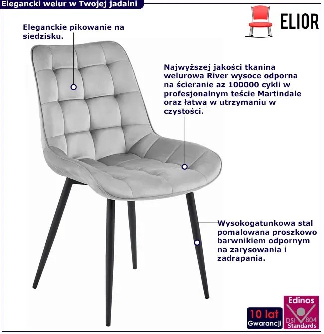 Jasnoszare pikowane krzesło welurowe nowoczesne - Alvor