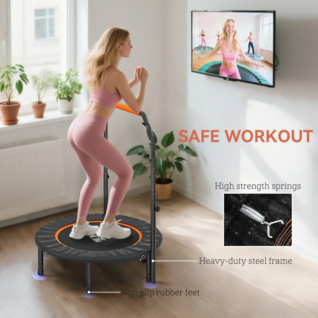 HOMCOM Trampolina Fitnessowa, Składana, Uchwyt Regulowany, Ø102 x 123H cm, do 100 kg, Czarna