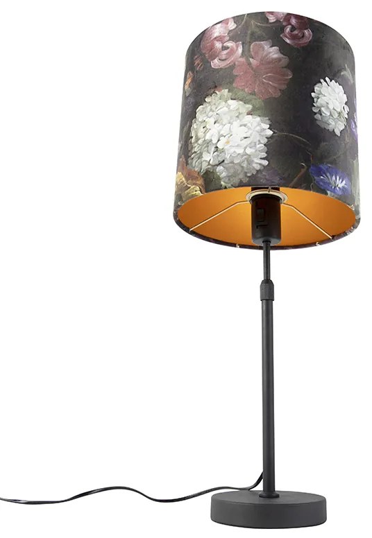 Lampa stołowa czarna z abażurem z aksamitu w kwiaty ze złotem 25 cm - Parte klasyczny/Antyczny Oswietlenie wewnetrzne