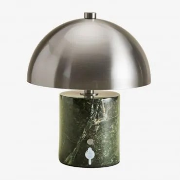 Bezprzewodowa Lampa Stołowa Led Z Żelaza I Naturalnego Kamienia Nicolas ↑25 Cm & Zielony Marmur Forest - Sklum