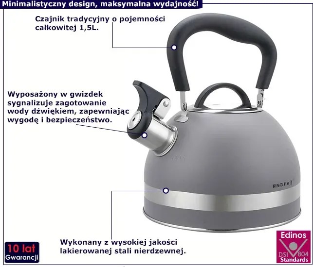 Szary tradycyjny czajnik z gwizdkiem na indukcję G2-K53