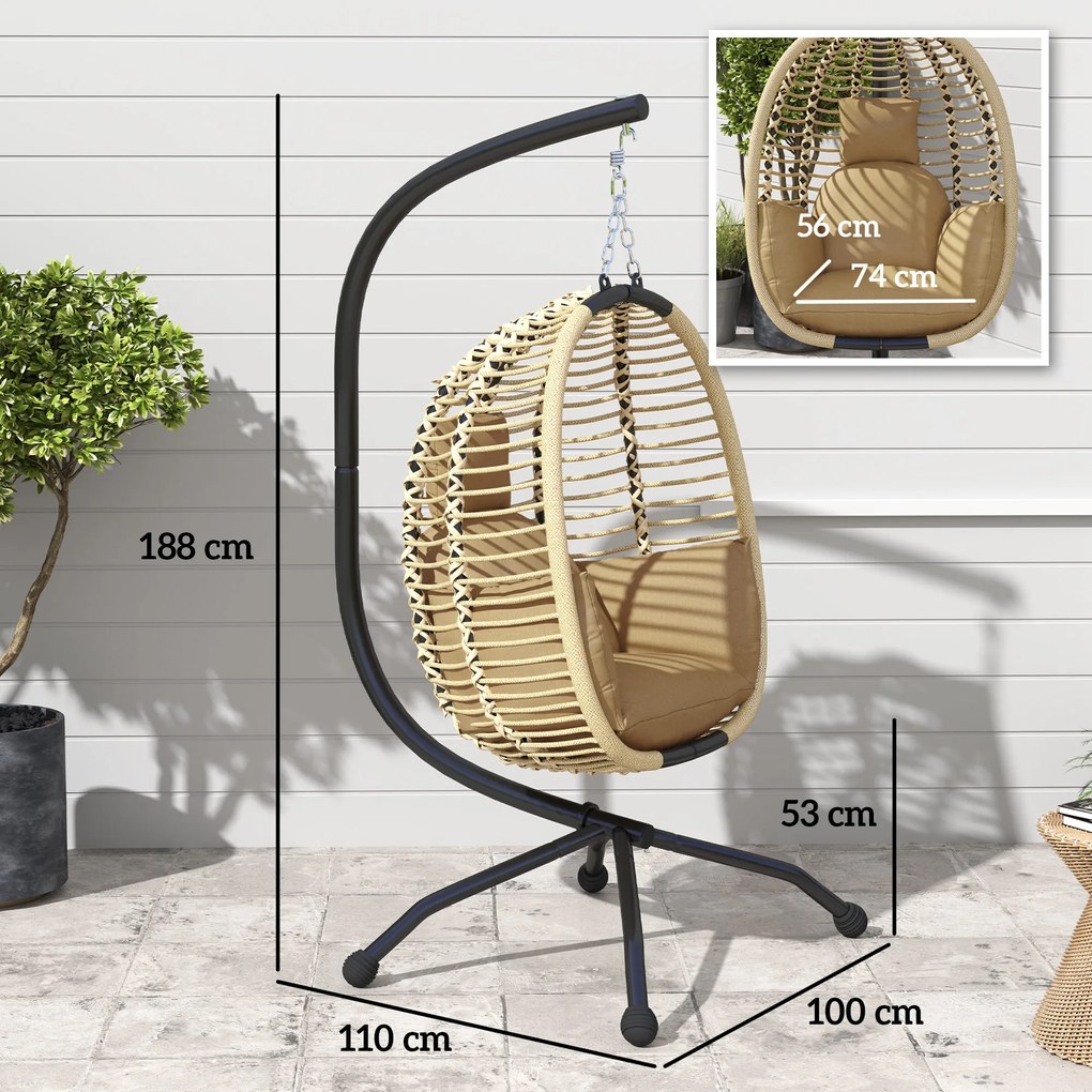 Outsunny Fotel wiszący z ramą, składany jajowaty fotel wiszący z zdejmowanym siedziskiem uchwyt na kubek lina zabezpieczająca beżowy | Aosom PL