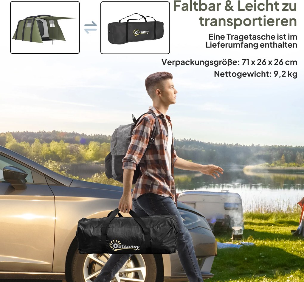 Outsunny Nadmuchiwany Namiot Kempingowy dla 3-6 Osób Tunelowy z Bocznymi Oknami i Drzwiami, Zielony 4,4 x 2,8 x 1,95 m | Aosom PL