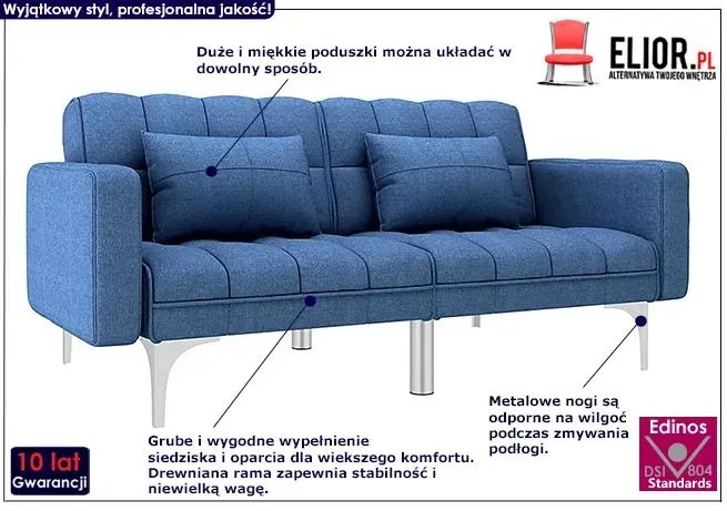 Rozkładana niebieska kanapa z poduszkami - Netrix