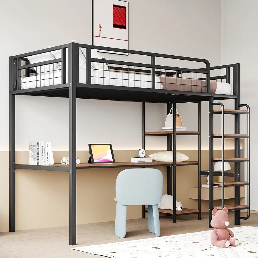 Łóżko antresolowe pojedyncze 90x200 cm z biurkiem i półkami, czarne – bez materaca