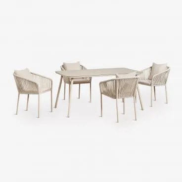 Zestaw Stołu Prostokątnego 160x90 Cm I 4 Krzeseł Ogrodowych Z Plecionej Liny Arhiza Classic Kremowa Tapioca - Sklum