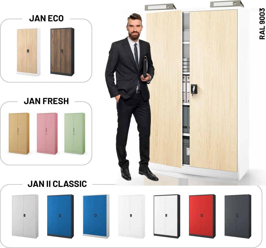 Szafa biurowa metalowa na dokumenty JAN II, Eco Design: biała/dąb sonoma