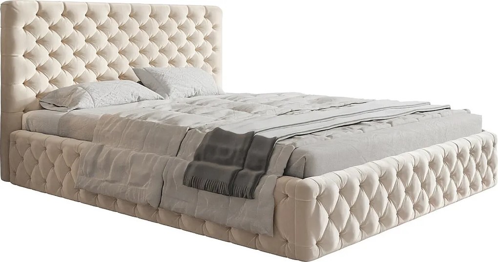 Łóżko 140x200 Furis z pojemnikiem - łóżko w stylu glamour w tkaninie welurowej - pojemnik i stelaż w zestawie - beżowy (Amor Velvet 4304)