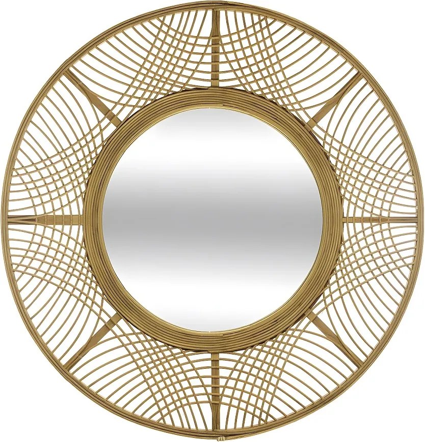 Duże okrągłe lustro ścienne z naturalnego bambusa Ø 70 cm, beżowa rama, wysokiej jakości szkło, montaż ścienny