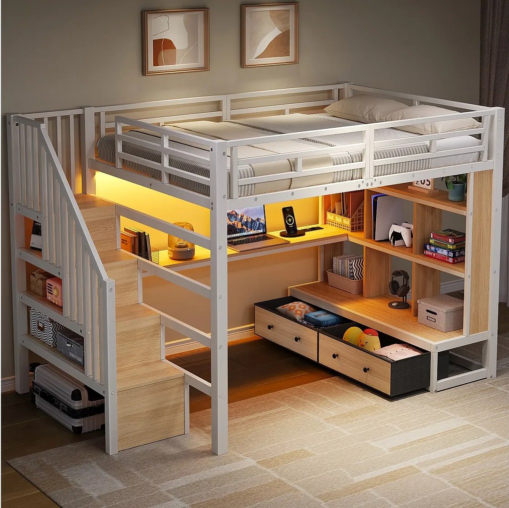 Łóżko piętrowe metalowe - 140 x 200 cm - z biurkiem + półkami + 2 szufladami + drabinką - białe