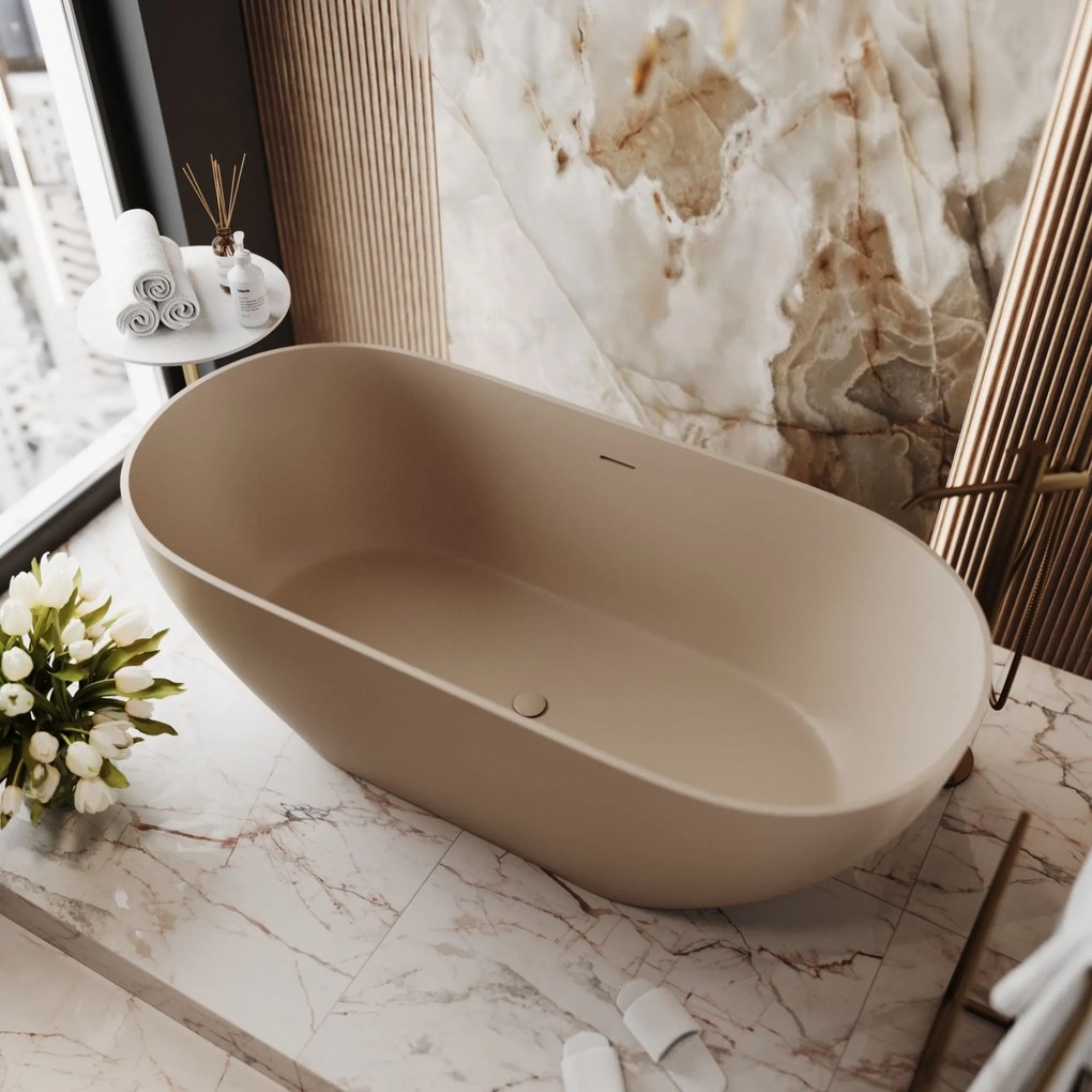Wanna wolnostojąca owalna z konglomeratu 160 x 75 cm RONA Beige mat / połysk przelew typu SLIM cienki rant : Kolor wanny - Beż matowy