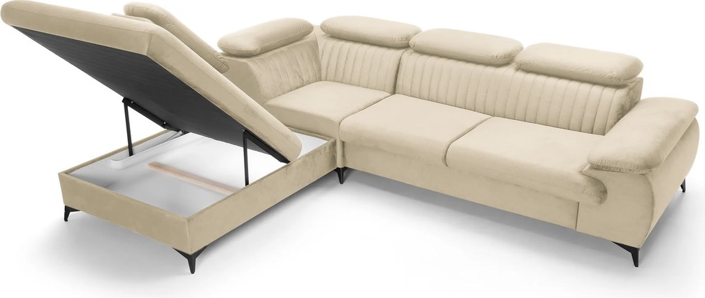 Masseno Narożnik FIORE z funkcją spania i pojemnikiem na pościel Narozniki L, Rozkładana sofa - Kremowy, MONOLITH 02